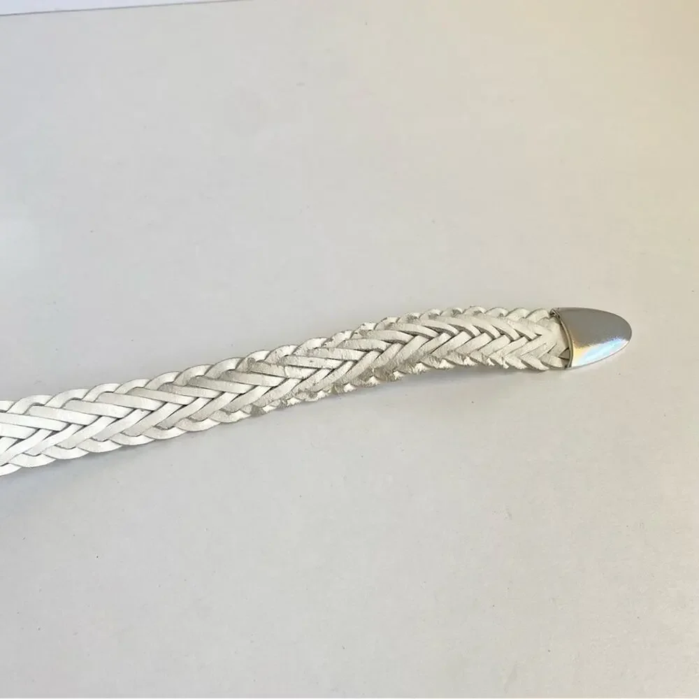 Vintage White Woven Leather Belt Braided Silver Tone Buckle Medium Large 90s Y2K